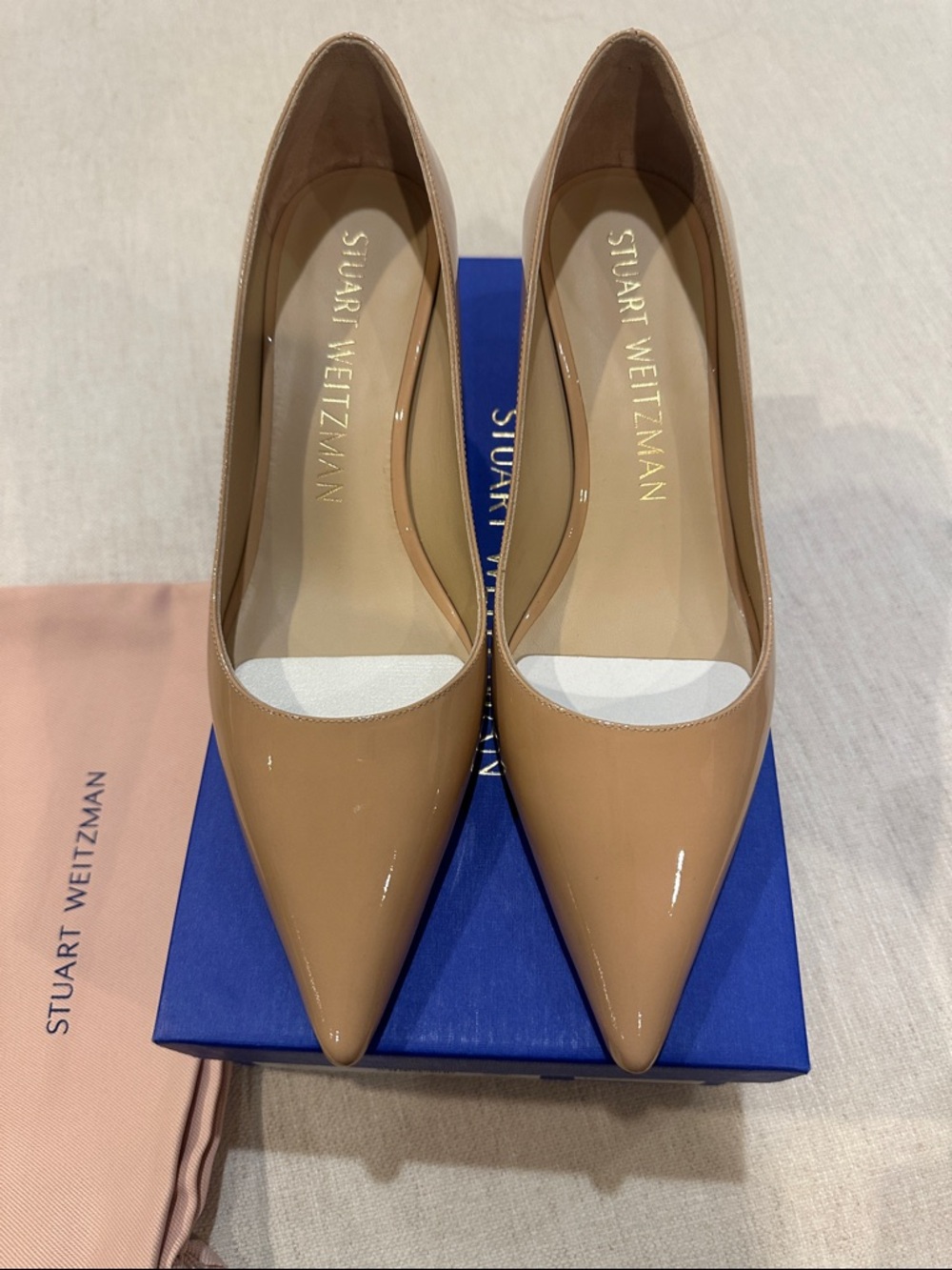 Stuart Weitzman Stuart 50 Patent Leather Pointed-Toe Pumps in Adobe size 9.5